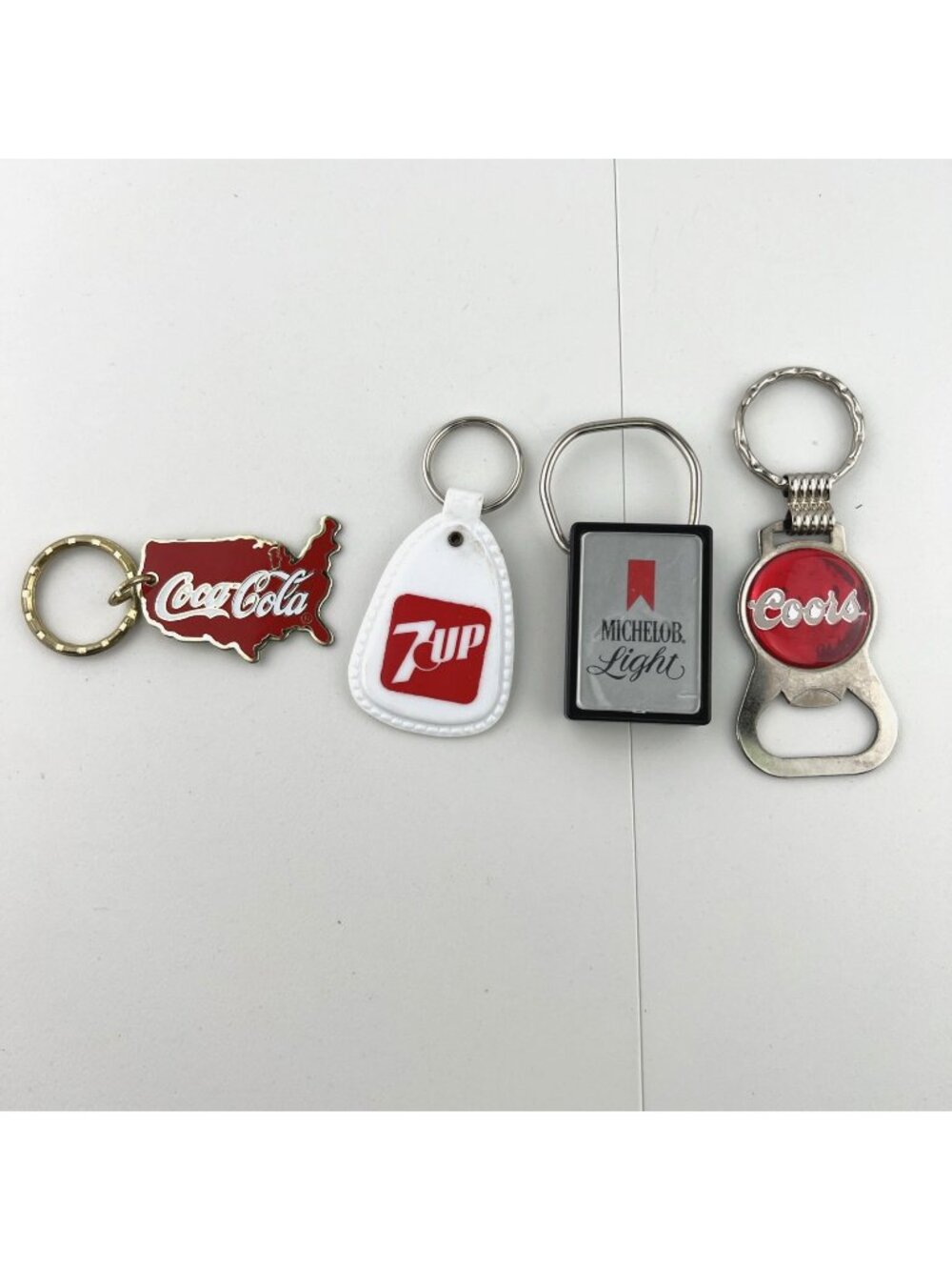 Vtg Lot Of 4 Beverage Advertising Keychain Keyring Coca Cola Coors 7 Up Michelob